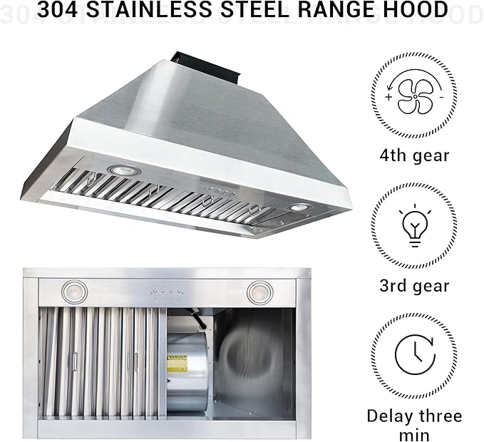 CHETTO C Stainless Steel Range Hood Cover with Quiet Vent Hood Insert Custom Handcrafted Metal Kitchen Fan with Towel Rack LED Light 30"W x21"D x36"H Brushed Stainless Steel Wall Mount