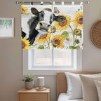Retro Farmhouse Floral Kitchen Curtains 45 Inch Length, Short Cafe Window Curtains Tab Top, Yellow Sunflowers Cows Butterfly Wood Light Filtering Window Treatments Tier Drapes 27.5"x45" 2 Panel