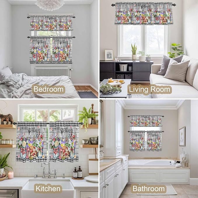 Spring Flowers Kitchen Curtains Set 3 Piece for Windows, Rod Pocket Valance and Tier Set 36 Inch Length, Farmhouse Black Plaid Wood Grain Light Filtering Cafe Curtains for Living Room Bathroom