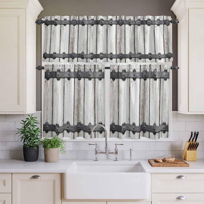 Farmhouse Rustic Kitchen Curtain Set, Vintage Country Wooden Grain Window Valance and Tiers 36" Length, Light Filtering Short Curtains Valance for Cafe Bathroom Bedroom 54"x18"