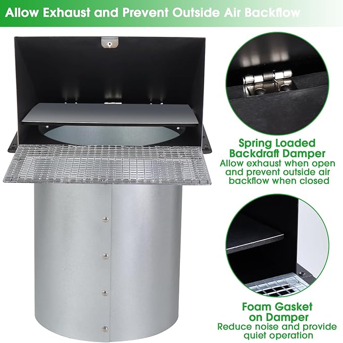 4 Inch Dryer Vent Cover Outside,4" Dryer Vent Cover Outdoor,Dryer Wall Vent Exhaust Vent Cover,Hooded Wall Vent with Screen & Damper,Exterior Dryer Vent Hood Cap for Duct,Exhaust Fan,Galvanized Steel