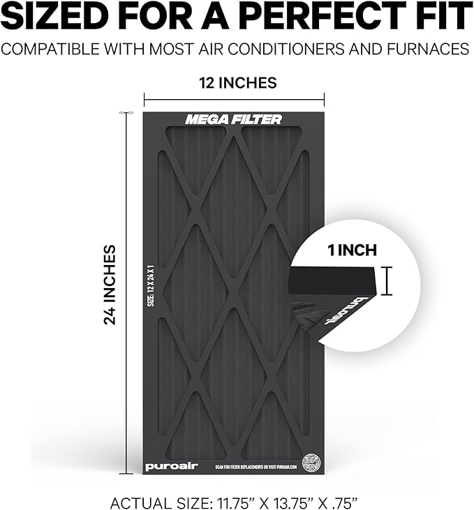 PuroAir MegaFilter - 12x24x1 Air Filter MERV 13 Activated CarbonTech Defense - Heavy Duty 3 Layer Furnace Filters Allergens, Pollen, Dust, Pet Dander, Smoke, Odors - HVAC Air Filter 12x24x1 (1-Pack)