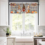 Thanksgiving Gnomes Kitchen Curtain Set, Fallen Maple Leaf Pumpkin Black Plaid Window Valance and Tiers 36" Length, Light Filtering Short Curtains Valance for Cafe Bathroom Bedroom 54"x18"