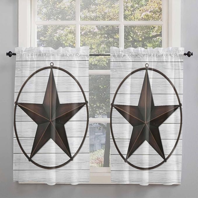 Vintage Farm Western Star Window Valance Curtains, White Wood Grain Light Filtering Kitchen Valance with 3-inch Rod Pocket for Living Room Bathroom Bedroom,2 Panel,42x45In