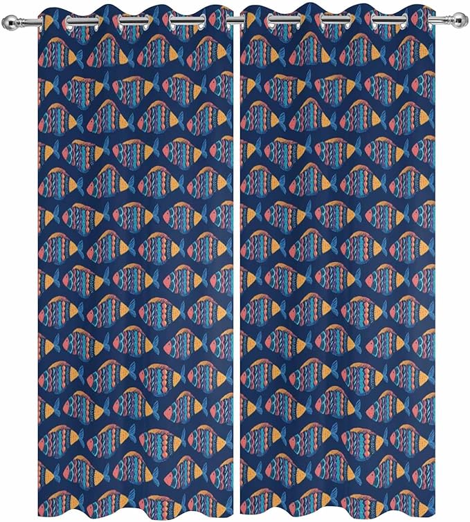 Fish Outdoor Curtains for Patio Vintage National Wind Fish Blue Waterproof Outside Curtains with Grommet Top Weatherproof Curtain for Cabana Pergola Gazebo, 2 Pack, 54" W x 84" L