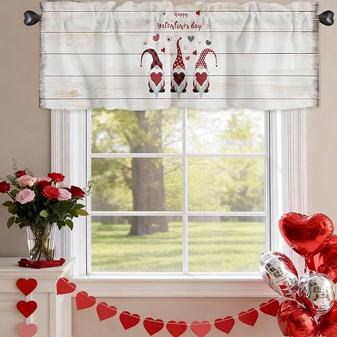 Happy Valentine's Valance Curtains for Kitchen, Day Gnomes Love Heart on Rustic Wood Grain Privacy Rod Pocket Valance Curtain, Light-Filtering Window Treatment for Bedroom Bathroom, 54"x18"