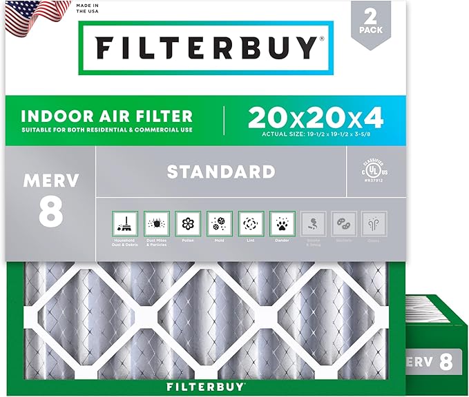 Filterbuy 20x20x4 Air Filter MERV 8 Essential Dust & Allergy Defense (2-Pack), Electrostatic Pleated HVAC AC Furnace Filters Replacement, Made in USA (Actual Size: 19.50 x 19.50 x 3.63)