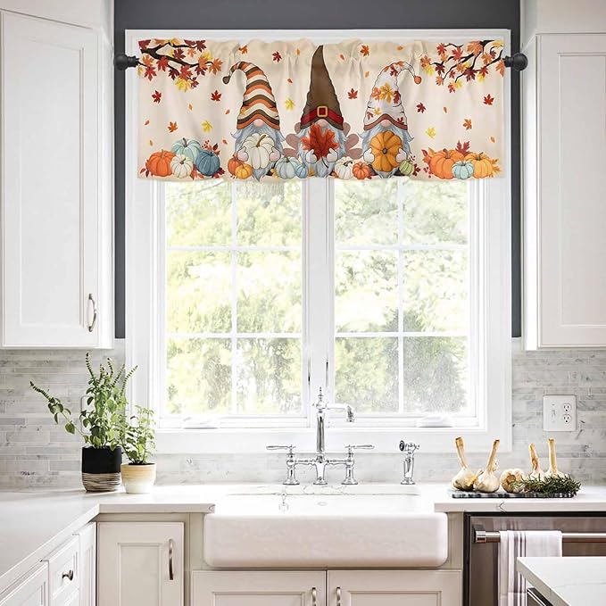 Fall Kitchen Curtain Set, Orange Pumpkins Thanksgiving Gnomes Autumn Maple Leaf Window Valance and Tiers 36" Length, Light Filtering Short Curtains Valance for Cafe Bathroom Bedroom 54"x18"