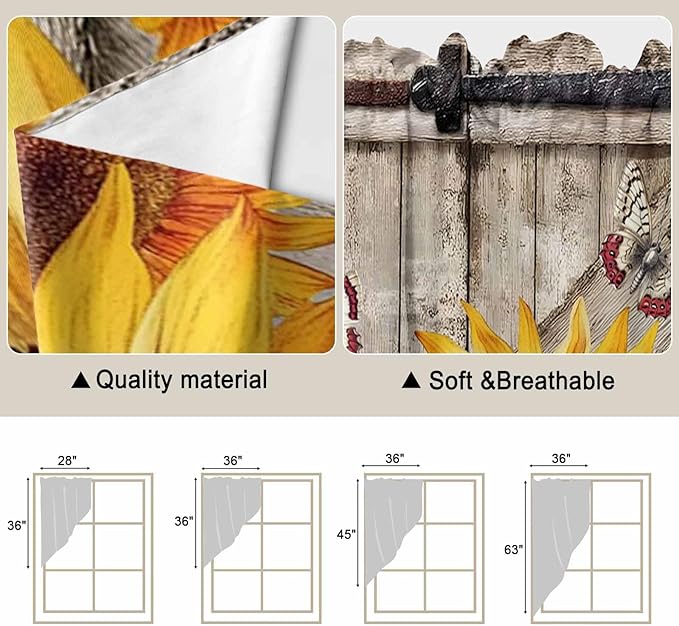 Sunflowers Swag Valances for Windows, Retro Flower Barn Doors Butterfly Farmhouse Brown Rod Pocket Kitchen Curtains Valance, Small Window Curtains Swag for Cafe Living Room, 2 Panels, 36x36 inch