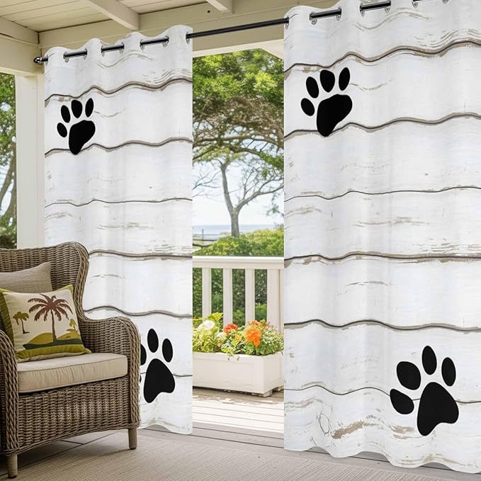 Wood Grain Outdoor Curtains for Patio Claws Animals Wooden White Waterproof Outside Curtains with Grommet Top Weatherproof Curtain for Cabana Pergola Gazebo, 1 Panel, 54" W x 95" L