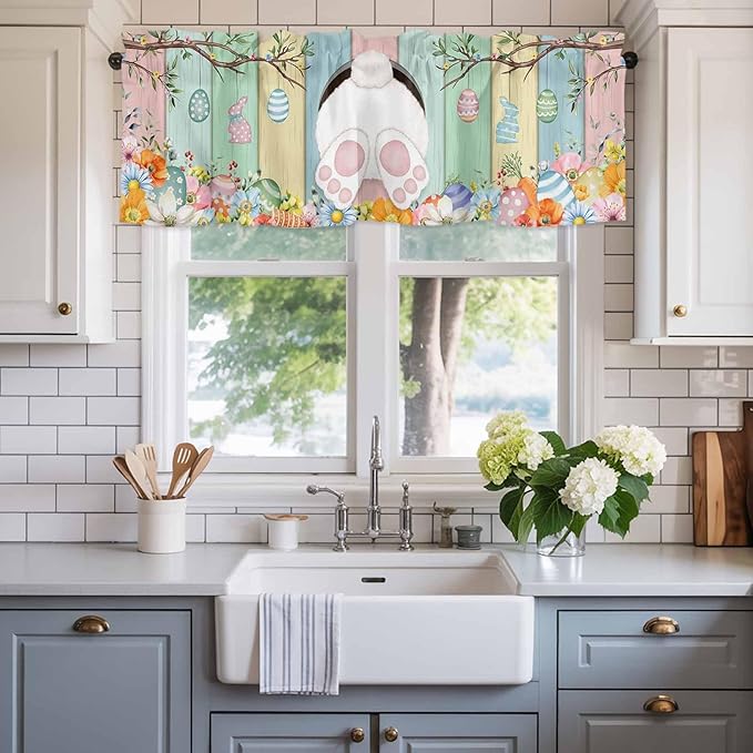 Easter Curtain Valances for Windows, Kitchen Valance Window Treatment, Spring Colorful Bunny Eggs Flower Wood Grain Light Filtering Block Curtains for Bathroom/Bedroom/Living Room 42'' x 12''