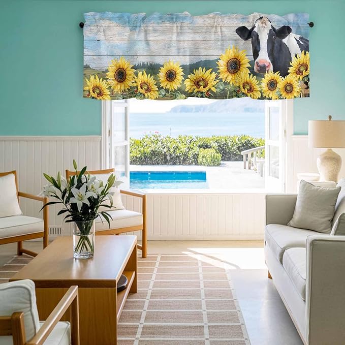 Cow Sunflowers Curtain Valances for Windows, Kitchen Valance Window Treatment, Farmhouse Animal Blue Sky Wooden Grain Light Filtering Block Curtains for Bathroom/Bedroom/Living Room 60'' x 18''