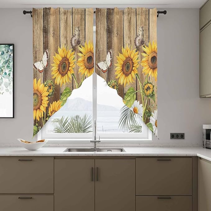 Farmhouse Sunflowers Swag Valances for Windows, Rustic Floral Buttterfly Wood Board Brown Rod Pocket Kitchen Curtains Valance, Small Window Curtains Swag for Cafe Living Room, 2 Panels, 36x36 inch