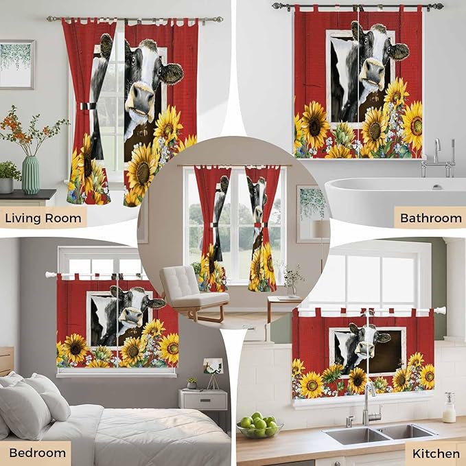 Cows Sunflowers Bathroom Curtains 63 Inch Length, Window Curtains Tab Top, Spring Botanical Floral Bees Red Barn Light Filtering Window Treatments Drapes 52"x63" 2 Panel