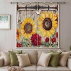 Sunflowers Bedroom Curtains 72 Inch Length, Window Curtains Tab Top, Retro Flower Barn Doors Butterfly Farmhouse Brown Light Filtering Window Treatments Drapes 52"x72" 2 Panel