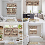 Kitchen Curtains Tiers and Valance Set of 3, Farmhouse Star Brown Light Filtering Window Curtain Set, Retro Branches Berry Wooden Grain Rod Pocket Curtain Drapes for Cafe, Living Room, 24 Inches Tiers