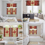 Kitchen Curtains Tiers and Valance Set of 3, Canada Light Filtering Window Curtain Set, Red Maple Leaf Flag Farmhouse Shabby Wooden Grain Rod Pocket Curtain Drapes for Living Room, 24 Inches Tiers