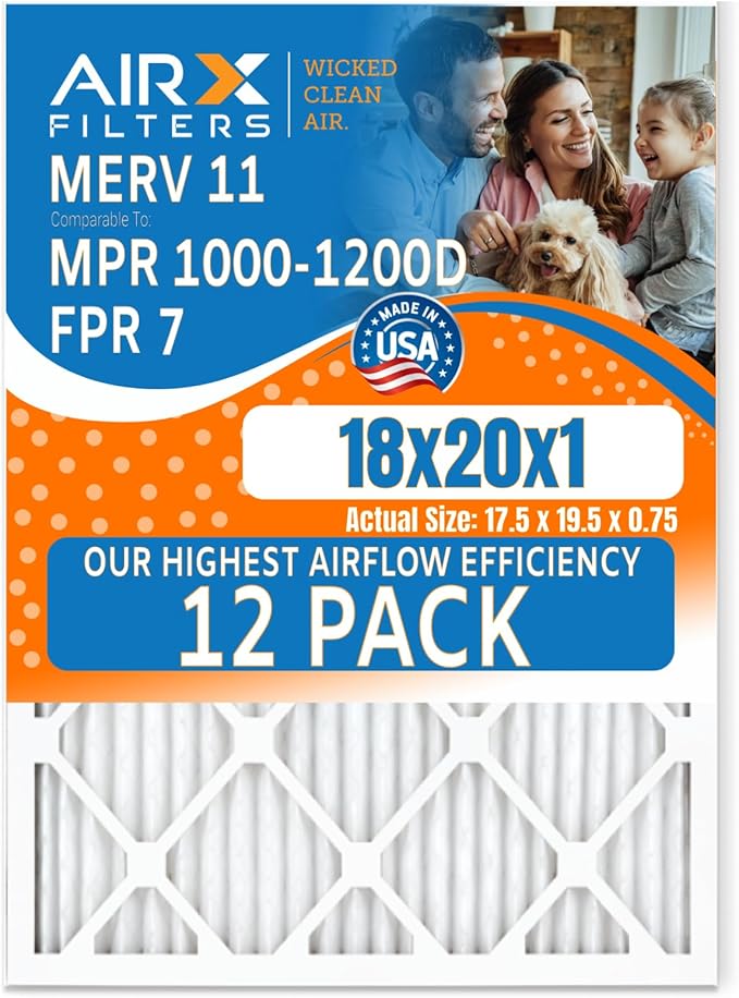 18x20x1 Air Filter MERV 11 Rating, 12 Pack of Furnace Filters Comparable to MPR 1000, MPR 1200, FPR 7, High Efficiency 12 Pack of Furnace Filters Made in USA by AIRX FILTERS WICKED CLEAN AIR.