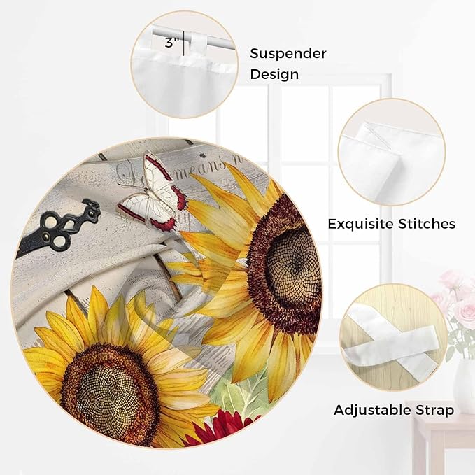 Red Yellow Sunflowers Living Room Curtains 96 Inch Length, Window Curtains Tab Top, Retro Rustic Barn Doors Butterfly Brown Light Filtering Window Treatments Drapes 52"x96" 2 Panel