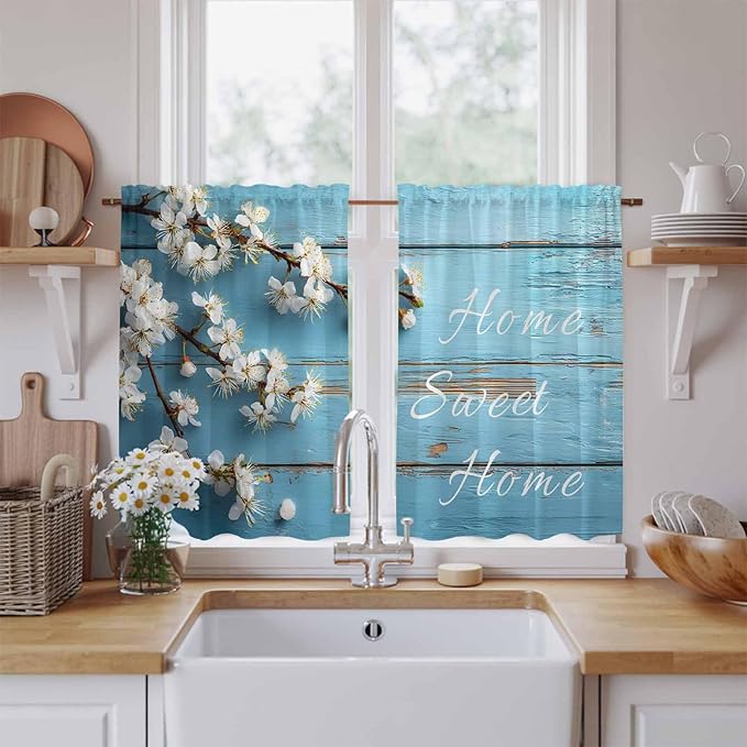 Farmhouse Wooden Grain Kitchen Curtains, Vintage Shabby Chic Flower Blue Light Filtering Window Curtain Panels, 2Pcs Rod Pocket Window Treatments Set for RV Dining Room Study Room 42x54 Inches