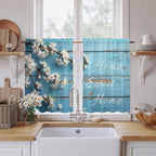 Farmhouse Wooden Grain Tier Curtains, Vintage Shabby Chic Flower Blue Light Filtering Kitchen Curtains, 2Pcs Rod Pocket Half Window Treatments Panels for Sink Cafe Cabinet Basement 27.5x45 Inches