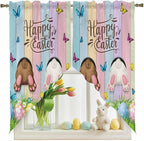 Swag Curtain Valances for Kitchen Windows,Happy Easter Rabbit Butt Egg on Daisy Leaf Short Rod Pocket Window Valance,Bufferfly on Wood Barn Swag Topper for Bedroom Living Room,2 Panels 36x36in