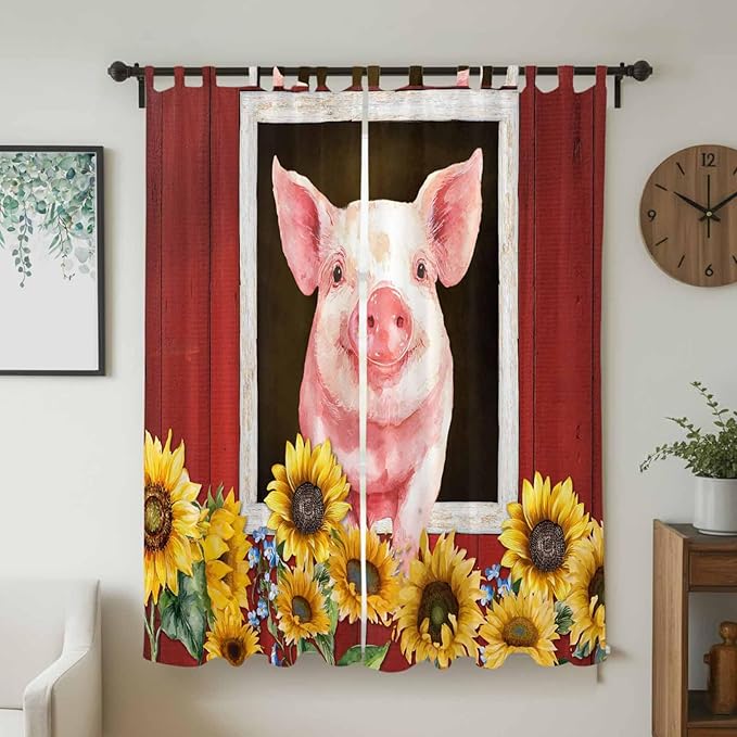 Pigs Sunflowers Living Room Curtains 84 Inch Length, Window Curtains Tab Top, Farmhouse Red Barn Flowers Animals Light Filtering Window Treatments Drapes 52"x84" 2 Panel