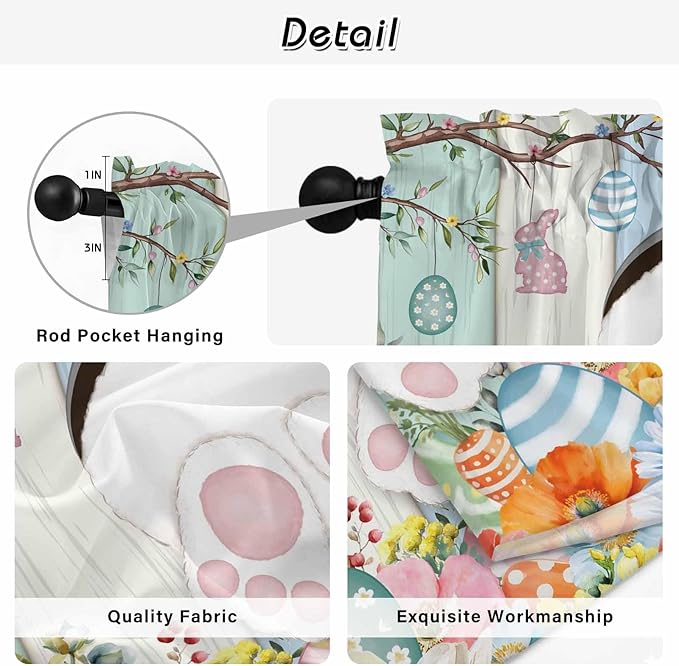 Easter Kitchen Curtains 54 Inch Long 2 Panel Set,Rod Pocket Window Curtains Panels,Spring Watercolor Bunny Eggs Wood Grain Teal Blue Light Filtering Drapery Draperies for Bathroom Bedroom 52"W x 54"L