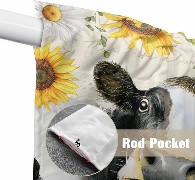 Yellow Sunflowers Swag Valances for Windows, Country Cow Flower Butterfly Farmhouse Cream Rod Pocket Kitchen Curtains Valance, Kitchen Window Curtains Swag for Cafe Living Room, 2 Panels, 36x63 inch