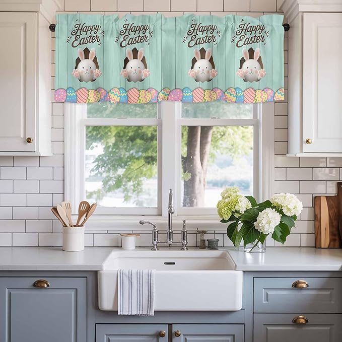 Green Easter Curtain Valances for Windows, Kitchen Valance Window Treatment, Spring Cartoon Bunny Colorful Eggs Wood Grain Light Filtering Block Curtains for Bathroom/Bedroom/Living Room 42'' x 12''