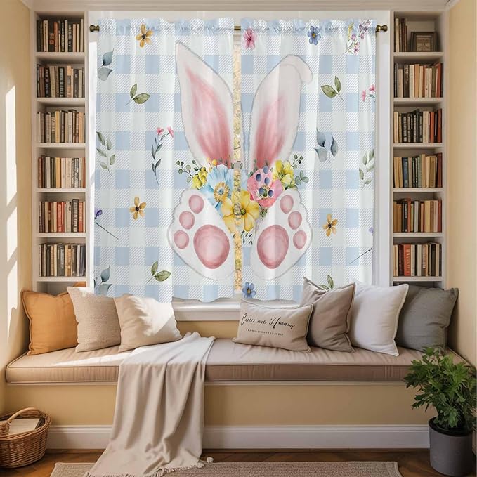 Easter Window Curtains 63 Inch Long 2 Panel Set, Rod Pocket Bedroom Curtains & Drapes, Spring Rabbits Ears Feet Floral Blue Lattice Light Filtering Window Treatment for Living Room 42"W x 63"L