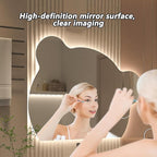 Cute Bear Wall Mirror, Wall Mounted Multifunction Bathroom Vanity Mirror with LED Lights and Demister Pad, 3-Color Dimmable LED Light, Decorative Mirror(A,70x86cm)
