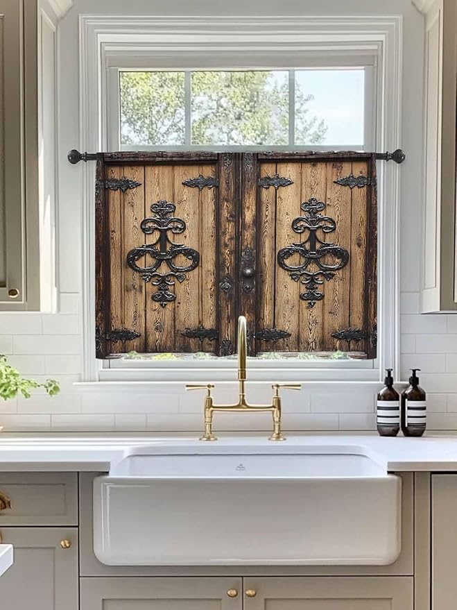 Sheer Curtains 45 Inch Length, Barn Door Semi Sheer Curtains Light Filtering Window Treatment, Farmhouse Wooden Grain Rustic Tribal Pattern Privacy Voile Drapes for Living Room Bedroom 52x45 Inch