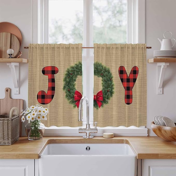 Red Green Christmas Kitchen Curtains 45 Inch Long 2 Panel Set, Rod Pocket Window Treatment, Xmas Botanical Winter Farmhouse Light Filtering Short Curtains & Drapes for Bathroom Laundry 52"W x 45"L