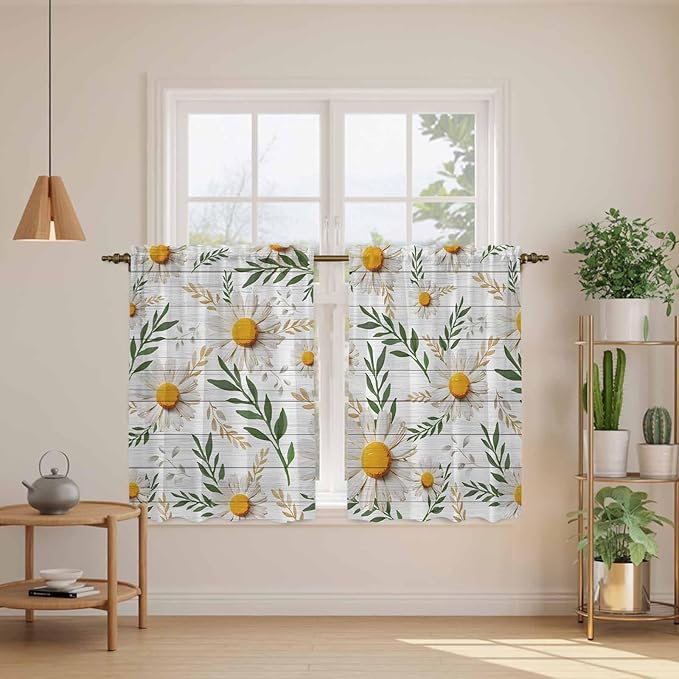 Spring Daisy Kitchen Curtains, Farmhouse Country Flower Leaf Plant Wood Grain Light Filtering Window Curtain Panels, 2Pcs Rod Pocket Window Treatments Set for RV Dining Room Study Room 42x45 Inches