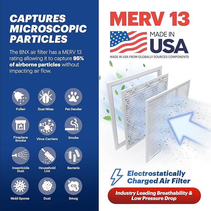BNX TruFilter 16x25x1 MERV 13 (2-Pack) AC Furnace Air Filter - MADE IN USA - Electrostatic Pleated Air Conditioner HVAC AC Furnace Filters - Removes Pollen, Mold, Bacteria, Smoke