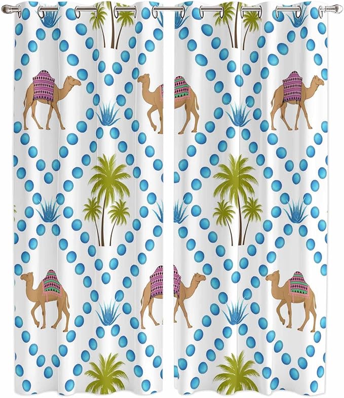 2 Panel Kitchen Cafe Curtains, Camels Palm Trees Sunlight Filtering Nature Air Through, Home Decor Window Covering Tier Curtains for Living Room 104W x 90L inch Tropical Desert Animal Plants Polka Dot