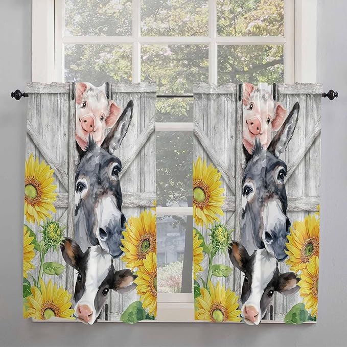 Farmhouse Kitchen Curtains 54 Inches length, Watercolor Sunflowers Animals Printed Wood Grain Window Treatment Curtain Drapes, Thermal Insulated Drapes for Basement Hotel RV, 42"x54", 2 Panels