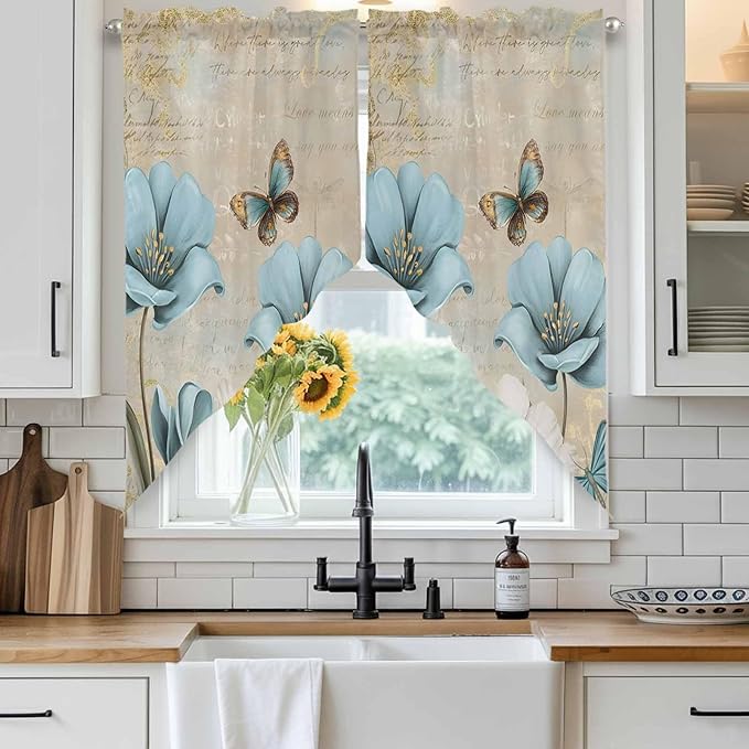 Spring Flowers Swag Valances for Windows, Vintage Rustic Tulips Floral Butterfly Khaki Rod Pocket Kitchen Curtains Valance, Small Window Curtains Swag for Cafe Living Room, 2 Panels, 28x36 inch