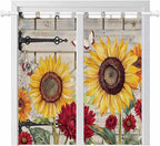 Red Yellow Sunflowers Bathroom Curtains 63 Inch Length, Window Curtains Tab Top, Retro Rustic Barn Doors Butterfly Brown Light Filtering Window Treatments Drapes 52"x63" 2 Panel
