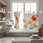 Retro Floral Kitchen Curtains 36 Inch Length, Small Window Curtains Tab Top, Red Yellow Tulips Barm Doors Farmhouse Wooden Light Filtering Short Window Treatments Tier Drapes 27.5"x36" 2 Panel