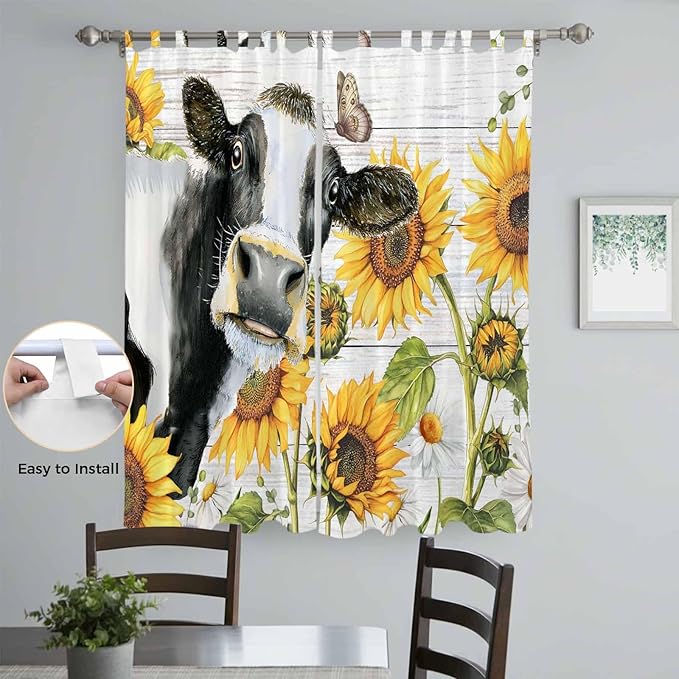 Retro Farmhouse Floral Living Room Curtains 96 Inch Length, Window Curtains Tab Top, Yellow Sunflowers Cows Butterfly Wood Light Filtering Window Treatments Drapes 52"x96" 2 Panel