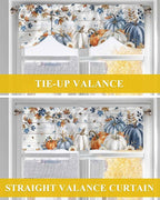 Thanksgiving Pumpkin Tie Up Valance Curtains for Windows, Kitchen Curtains Window Shades, Fall Maple Leaf Daisy Wooden Grain Light Filter Roman Curtain Valances for Bedroom/Bathroom/Cafe 42'' x 18''