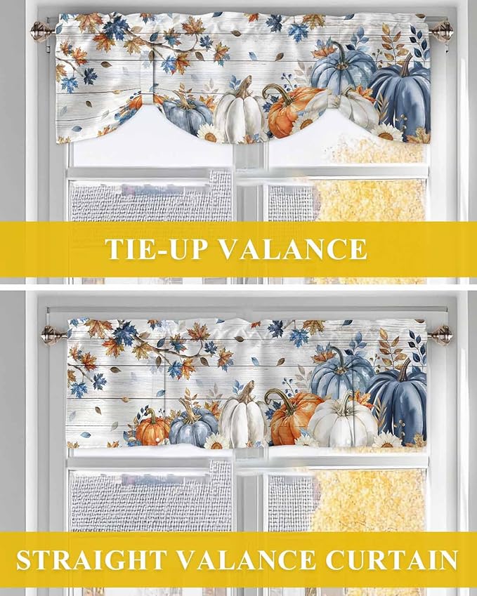 Thanksgiving Pumpkin Tie Up Valance Curtains for Windows, Kitchen Curtains Window Shades, Fall Maple Leaf Daisy Wooden Grain Light Filter Roman Curtain Valances for Bedroom/Bathroom/Cafe 54'' x 18''
