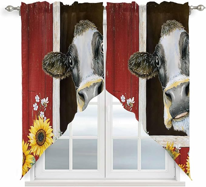 Cows Sunflowers Swag Valances for Windows, Rustic Farms Barns Flowers Bees Animals Rod Pocket Kitchen Curtains Valance, Small Window Curtains Swag for Cafe Bathroom Living Room, 2 Panels, 28x36 inch