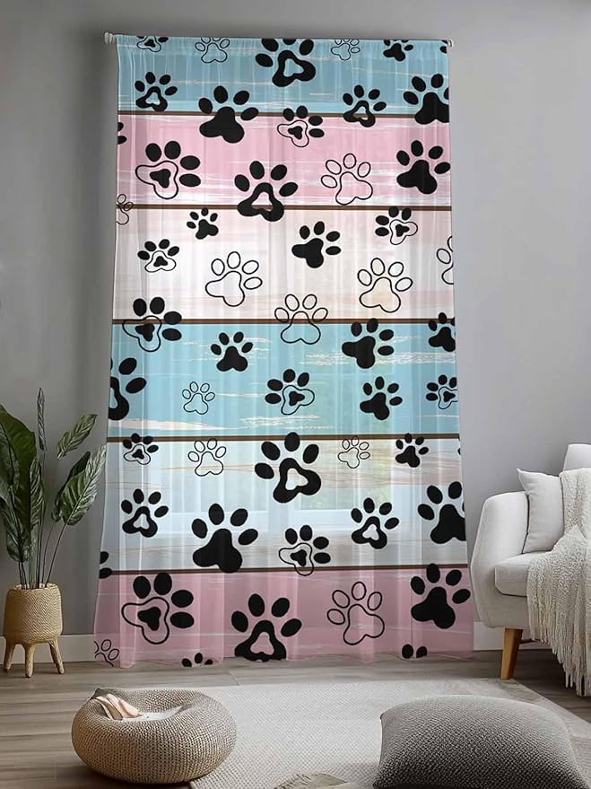 Sheer Curtains 96 Inches Long, Blue Pink Dog Paws Prints Semi Sheer Curtains Light Filtering Window Treatment, Farmhouse Beige Wood Privacy Voile Drapes for Living Room Bedroom 52x96 Inch