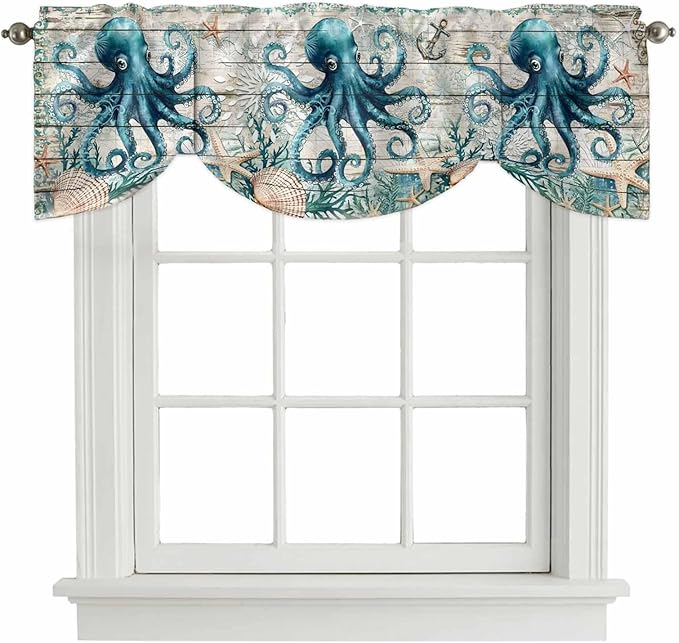Sea Octopus Ocean Starfish Tie Up Valance Curtains,Nautical Anchor Vintage Wood Grain Kitchen Light Filtering Window Treatments with 3-inch Rod Pocket for Living Room,Bedroom,54x18In
