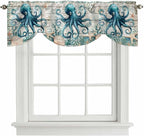 Sea Octopus Ocean Starfish Tie Up Valance Curtains,Nautical Anchor Vintage Wood Grain Kitchen Light Filtering Window Treatments with 3-inch Rod Pocket for Living Room,Bedroom,54x18In