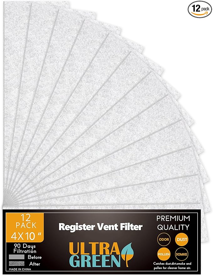 4 x 10 Inch Air Filter for Home Ceiling Thick 12-Pack, ULTRA GREEN Floor Vent Filters Replacement for Register Work in Indoor Home Air Purifier, Air Conditioner 4" x 10" (White)