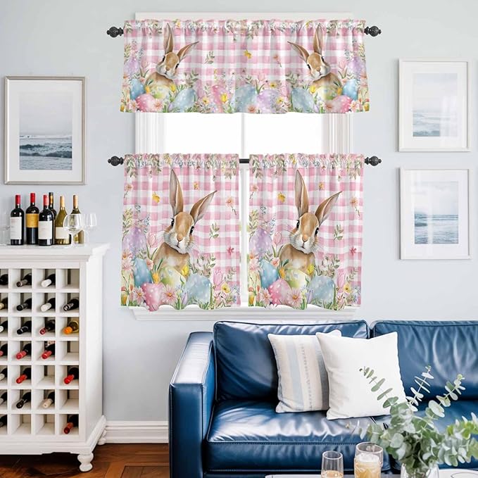 Kitchen Curtains Tiers and Valance Set of 3, Easter Light Filtering Window Curtain Set, Spring Rabbit Eggs Nature Botanicals Pink Plaid Rod Pocket Curtain Drapes for Cafe, Living Room, 36 Inches Tiers